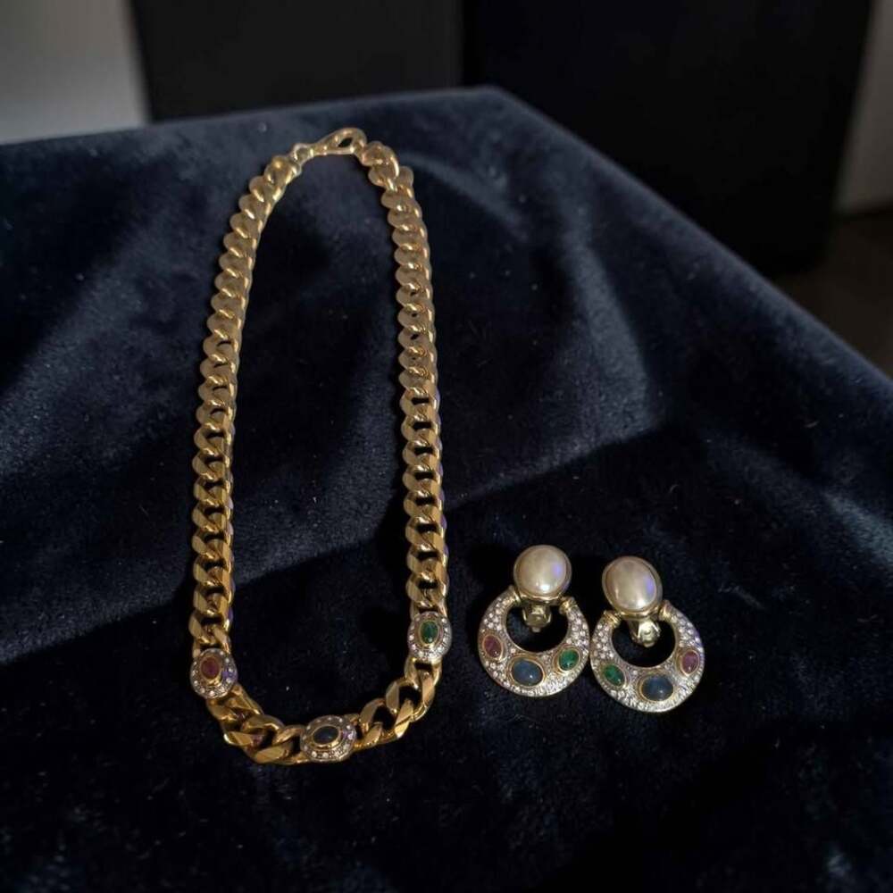 Vintage Gold Jewelry Set with  Pearls and Multi-Colored Stones